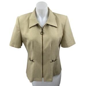 Pride & Joy Women's Beige Tan Pinstriped Zip Up Short Sleeve Blazer Blouse Top 8